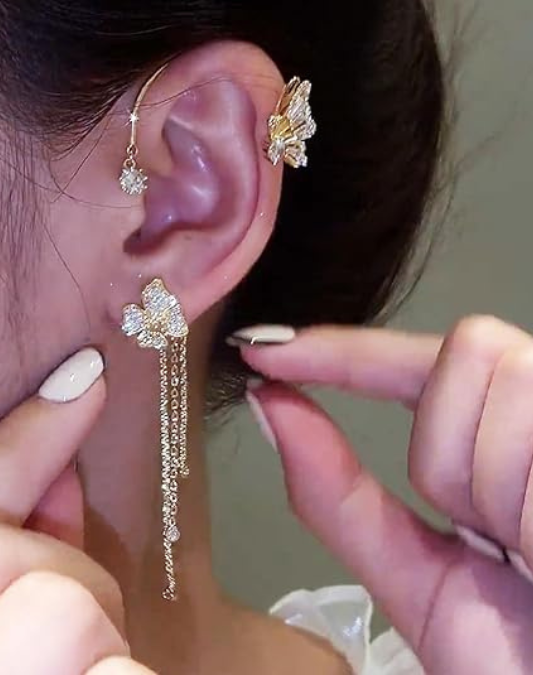 Butterfly Flower Tassel Ear Cuffs Earrings Rhinestone Butterfly Flower Ear Wrap No Piercing Earrings for Women
