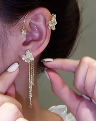 Butterfly Flower Tassel Ear Cuffs Earrings Rhinestone Butterfly Flower Ear Wrap No Piercing Earrings for Women