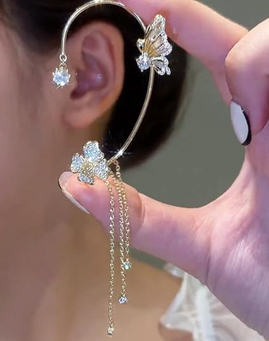 Butterfly Flower Tassel Ear Cuffs Earrings Rhinestone Butterfly Flower Ear Wrap No Piercing Earrings for Women