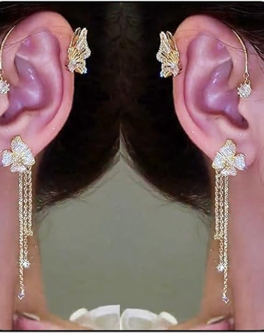 Butterfly Flower Tassel Ear Cuffs Earrings Rhinestone Butterfly Flower Ear Wrap No Piercing Earrings for Women