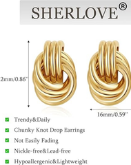 Trendy Gold Plated Knot Earrings for Women Chunky Statement Drop Dangle Earrings Lightweight Hypoallergenic Fashion Accessories Gold Jewelry Gifts for Womens