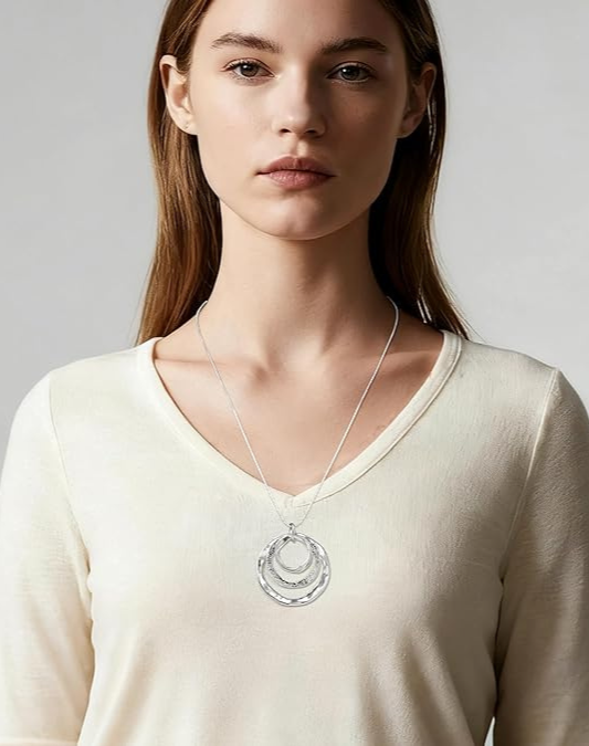 Hypoallergenic Silver Boho Circle Pendant Necklace Geometric Boho Style Jewelry for Women-Chunky & Long-Gift for Bohemian Fashionistas